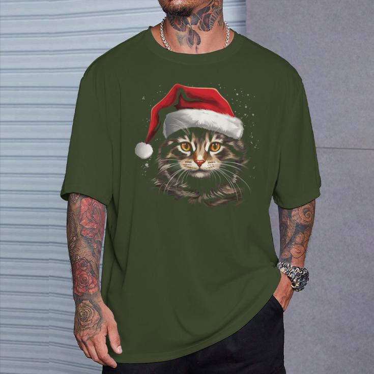 Cat With Christmas Hat Christmas Cat Santa T-Shirt Geschenke für Ihn