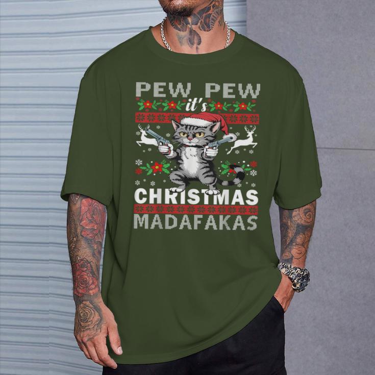 Pew Pew It's Christmas Madafakas Cat Santa T-Shirt Geschenke für Ihn