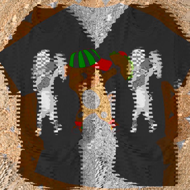 Damen Puppy Dabbing Mexican Taco Food Cute Dog Bulldog Mit-Ausschnitt T-Shirt Geschenke für alte Männer