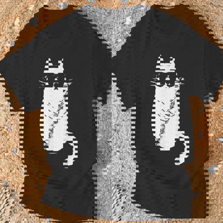 Gato Gracioso Con Gafas De Sol De Músico Flauta Travesera Camiseta unisex Regalos para ancianos