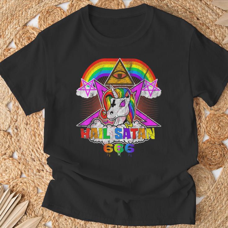 Hail Satan Einhorn Pentagramm 666 Okkult Gothic T-Shirt Geschenke für alte Männer