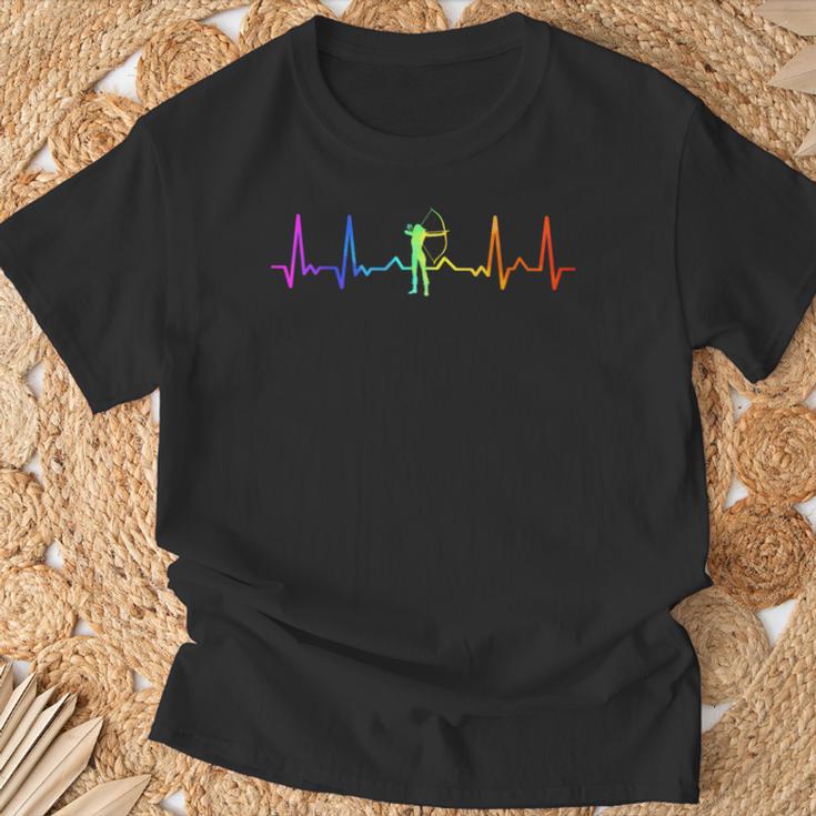 Traditional Archery Bowhunting Bowhunter Hd0 Damen Mädchen Bogenschützen Herzschlag Puls Regenbogen Schwarz S T-Shirt Geschenke für alte Männer