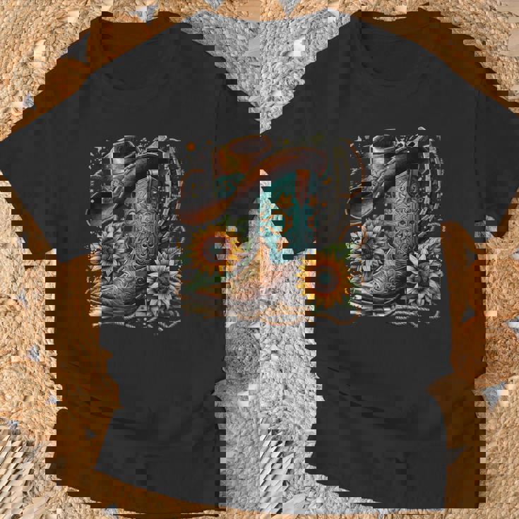 Western Cowboy Boot Horseshoe Sunflower Rope Cowgirl Boot T-Shirt Gifts for Old Men