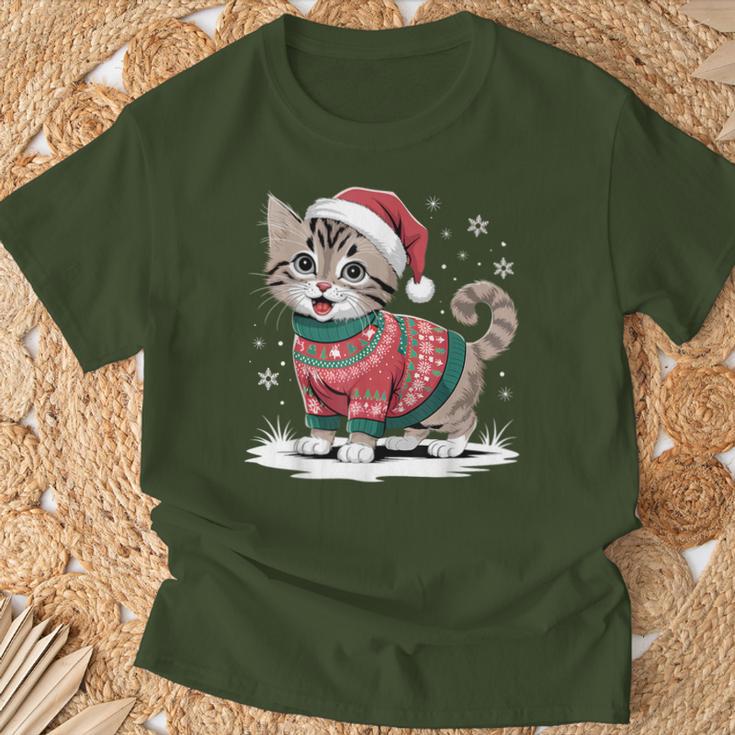 Cat Wearing Ugly Christmas Jumper And Santa Hat Cute Kitten T-Shirt Geschenke für alte Männer