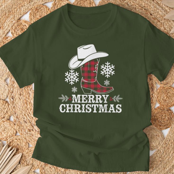 Christmas Cowboy Boots Checked Xmas Western Country Cowgirl T-Shirt Geschenke für alte Männer