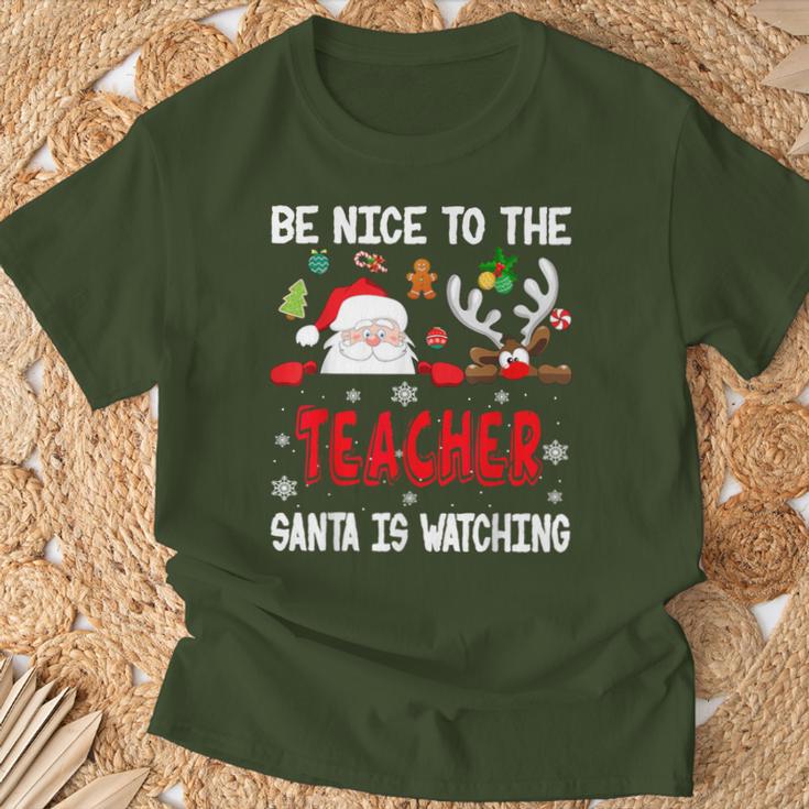 Be Nice To The Teacher Santa Is Watching Xmas Santa Reindeer S T-Shirt Geschenke für alte Männer