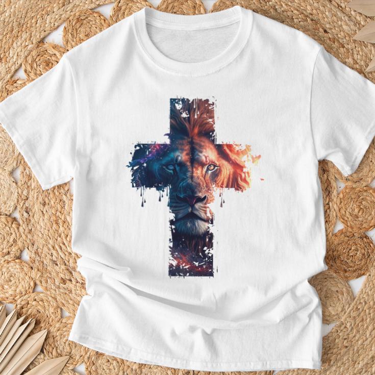 Lion Of Judah Cross Jesus Christ Christian Faith Graphic Blue T-Shirt Geschenke für alte Männer