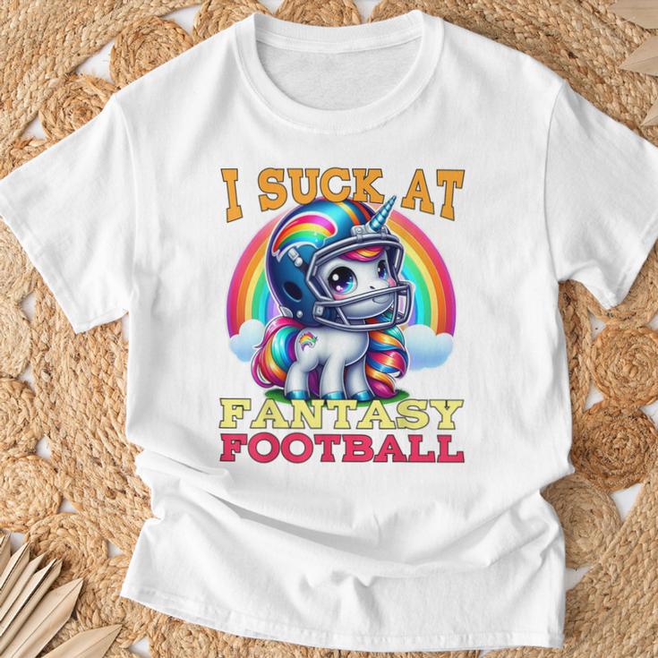 I Suck At Fantasy Football Unicorn Rainbow Loose Football Pink T-Shirt Geschenke für alte Männer