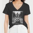 Scared Raccoon & Sasquatch Women's V-Neck T-Shirt | Quirky Wildlife Design