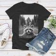 Scared Raccoon & Sasquatch Women's V-Neck T-Shirt | Quirky Wildlife Design