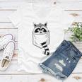 Raccoon Cartoon Pocket V-Neck T-Shirt for Women – Blue Casual, Small