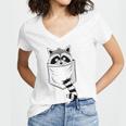 Raccoon Cartoon Pocket V-Neck T-Shirt for Women – Blue Casual, Small