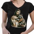 Distressed Jesus & Raccoon Women's V-Neck | Vintage Faith Tee
