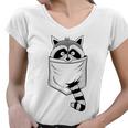 Raccoon Cartoon Pocket V-Neck T-Shirt for Women – Blue Casual, Small