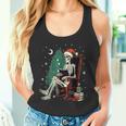Skeleton Santa Christmas Tree Reading Book Book Worm Tank Top