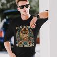 Retro Southern Sunset Cowgirl Wild Flowers Wild Horses Long Sleeve T-Shirt Gifts for Him
