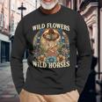 Retro Southern Sunset Cowgirl Wild Flowers Wild Horses Long Sleeve T-Shirt Gifts for Old Men
