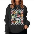 Young Wild And Three Cute Daisy Groovy 3Rd Birthday Party Women Sweatshirt