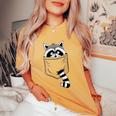 Raccoon Cartoon Pocket Women's T-Shirt - Casual Blue Short Sleeve Mustard