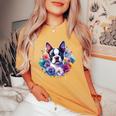 Watercolor Floral Boston Terrier Mama Dog Lover Mother's Day Women's Oversized Comfort T-Shirt Mustard