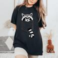Raccoon Cartoon Pocket Women's T-Shirt - Casual Blue Short Sleeve Black