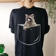 Women's Oversized Raccoon Pocket T-Shirt - Cozy Back Print Tee Black