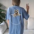 Women's Oversized Raccoon Pocket T-Shirt - Cozy Back Print Tee Blue Jean