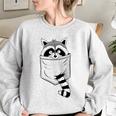 Raccoon Cartoon Animal Pocket Sweatshirt - Women's Modern Casual Sport Grey