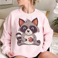 Raccoon Raccoon With Cookie -Adults Small Women's Oversized Sweatshirt Light Pink