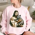 Vintage Jesus and Raccoon Women's Oversized Sweatshirt Light Pink