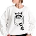 Raccoon Cartoon Animal Pocket Sweatshirt - Women's Modern Casual White