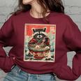 Raccoon Anime Oversized Sweatshirt – Cozy Japanese Noodle Design for Women Maroon