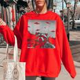 Alien UFO Raccoon Women's Oversized Sweatshirt - Sci-Fi Fun Touch Red