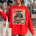 Raccoon Anime Oversized Sweatshirt – Cozy Japanese Noodle Design for Women Red