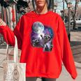 Raccoon Howling Moon Women's Oversized Sweatshirt | Cozy Nightwear Red