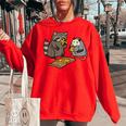 Raccoon & Opossum Pizza Party Street Cats Women's Oversized Sweatshirt Red