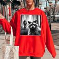 Scared Raccoon Selfie Women's Oversized Sweatshirt - Fun Bigfoot Theme Red