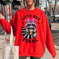 Women's Oversized Sweatshirt - Cute Feral Raccoon with Sunglasses Design Red