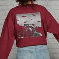 Alien UFO Oversized Back Print Sweatshirt for Women | Adventure Style Maroon