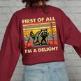 Retro First Of All I'm A Delight Angry Raccoon Animal Women's Oversized Sweatshirt Back Print Maroon