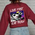 Street Cats Trash Pandas Enthusiasts Live Fast Eat Trash Panda Raccoon Opossum Enthusiasts -Adults Cotton Blend Women's Oversized Sweatshirt Back Print Maroon