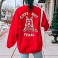 Cute But Feral Sarcastic Raccoon Small Women's Oversized Sweatshirt Back Print Red