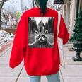 Scared Raccoon & Bigfoot Back Print Women's Oversized Sweatshirt Red