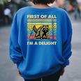 Retro First Of All I'm A Delight Angry Raccoon Animal Women's Oversized Sweatshirt Back Print Royal Blue