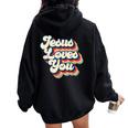 Jesus Loves Retro Vintage Christian Faith Hippie Women Oversized Hoodie Back Print Black