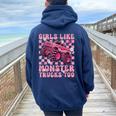 Girls Like Monster Trucks Too Pink Monster Truck Girls Women Oversized Hoodie Back Print Navy Blue