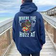 Where The Huzz At Cat Meme Retro Humor Joke Sarcastic Women Oversized Hoodie Back Print Navy Blue