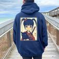 Japanese Gothic Kawaii Anime Samurai Cat Mom Woman Girls Women Oversized Hoodie Back Print Navy Blue