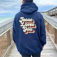 Jesus Loves Retro Vintage Christian Faith Hippie Women Oversized Hoodie Back Print Navy Blue
