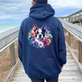 Watercolor Floral Boston Terrier Mama Dog Lover Mother's Day Women Oversized Hoodie Back Print Navy Blue